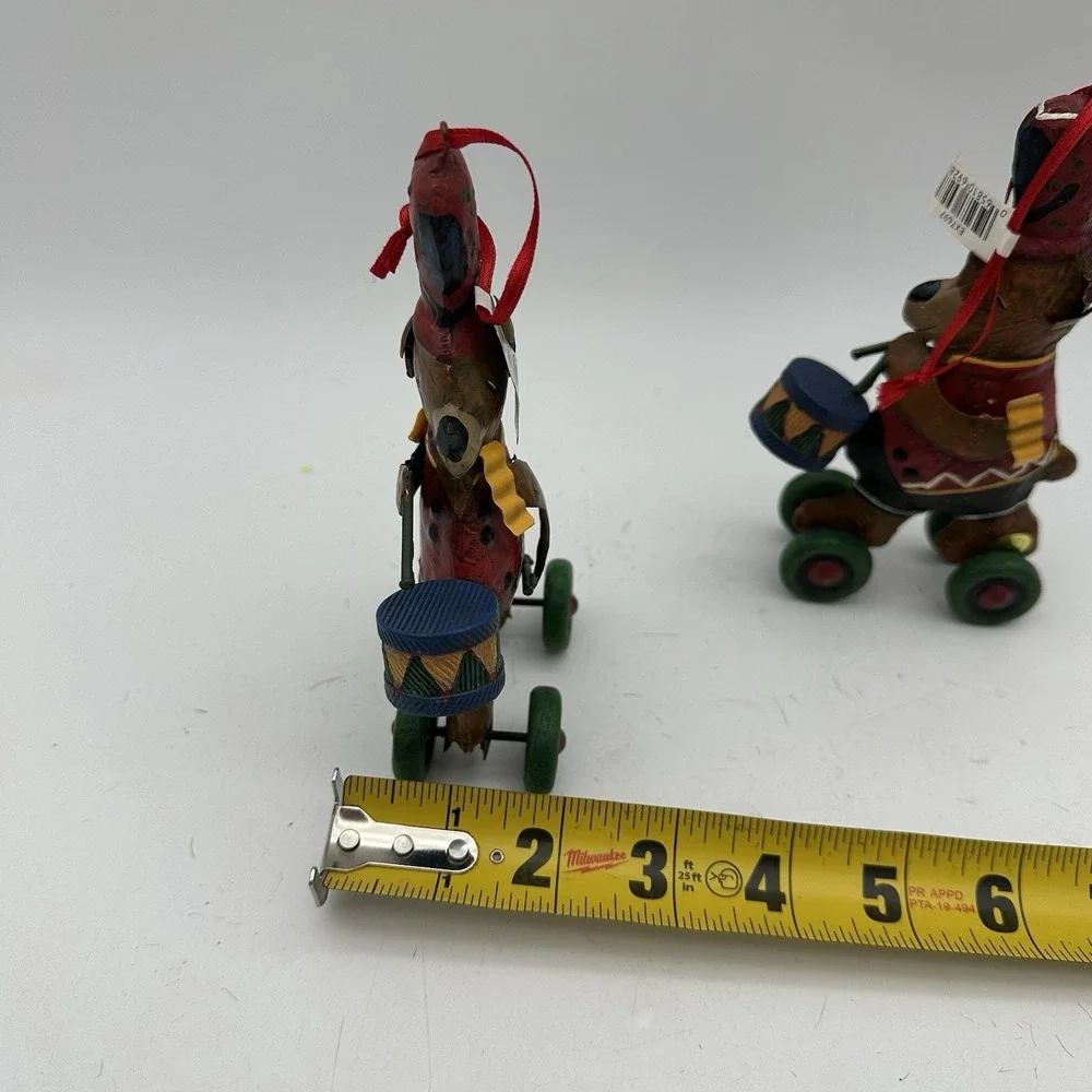 Vintage Set Of 2 Metal Christmas Ornament Drummer Bear On Wheels 5.5